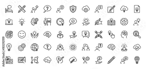 Creative thinking and innovation line icon set. Vector pictograms of brain, light bulb, gear, pencil, thought cloud, idea, head, maze, thin linear illustration.