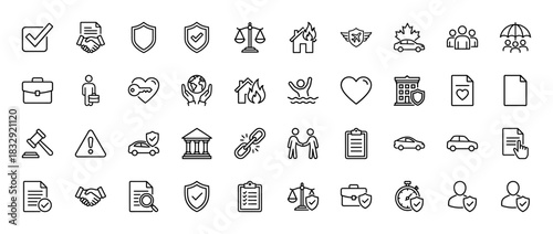 Insurance and protection line icon set. Vector pictograms of house fire, car crash, handshake, justice scales, and documents, thin linear illustration.