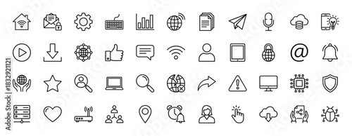 Technology and communication line icon set. Vector pictograms of networking, data, security, device, and web elements, thin linear illustration.