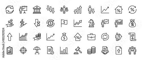 Finance and business line icon set. Vector pictograms of growth charts, money bags, portfolio, and banking, thin linear illustration.