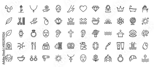 Beauty and wellness line icon set. Vector pictograms of spa, jewelry, cosmetic products, gems, and grooming tools, thin linear illustration.