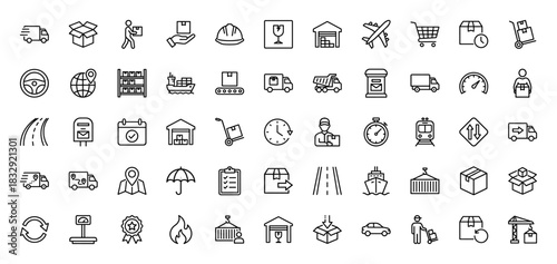Logistics and shipping line icon set. Vector pictograms of delivery trucks, airplane, ship, warehouse, and package, thin linear illustration.