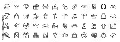 Luxury and loyalty rewards line icon set. Vector pictograms of crown, gift, star, vip tag, trophy, and certificate, thin linear illustration.