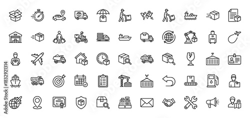 Logistics and delivery line icon set. Vector pictograms of truck, car, plane, ship, package, and warehouse, thin linear illustration.
