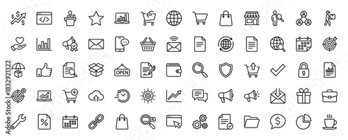 Business and e-commerce line icon set. Vector pictograms of shopping carts, charts, mail, settings, and finance, thin linear illustration.