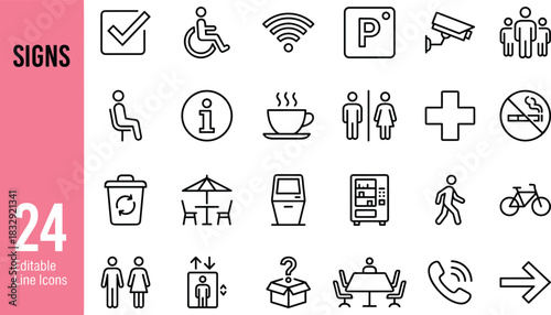 Modern editable signs line icon set featuring public symbols, facilities, directions, accessibility, safety notices, amenities, and general informational signage.