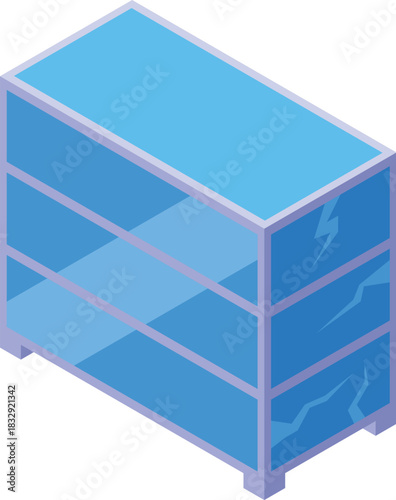 Isometric view of a damaged office building with broken glass windows after an earthquake