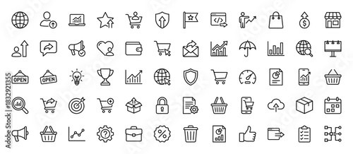 E-commerce and marketing line icon set. Vector pictograms of shopping cart, growth chart, shield, megaphone, and calendar, thin linear illustration.