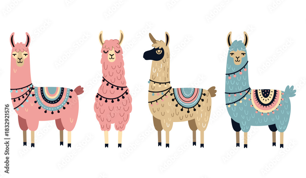 Fototapeta premium Colorful illustrated llama characters with decorative blankets in various styles