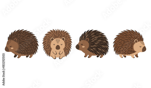 Cartoon hedgehogs collection with different expressions on white background