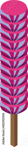 Round candies forming a stacked lollipop with pink and purple swirls, a sweet treat perfect for satisfying sugar cravings
