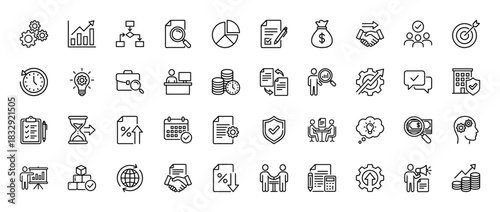 Business and finance line icon set. Vector pictograms of handshake, gear, chart, target, and clock, thin linear illustration.