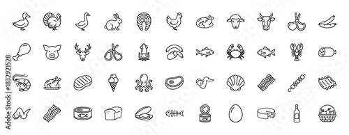 Meat and food line icon set. Vector pictograms of cow, pig, chicken, fish, crab, lobster, steak, sausage, bacon, cheese and bread, thin linear illustration.
