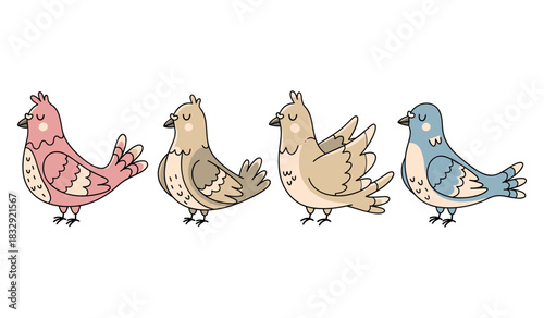 Colorful cartoon birds with unique plumage patterns in various hues