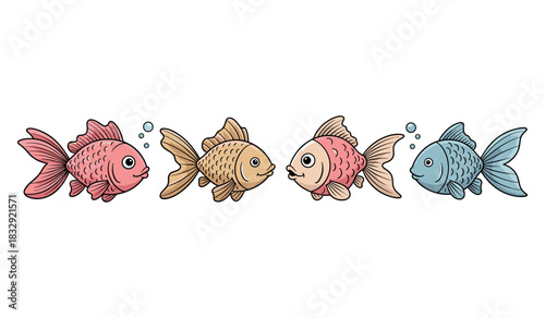 Colorful cartoon goldfish with bubbles on white background