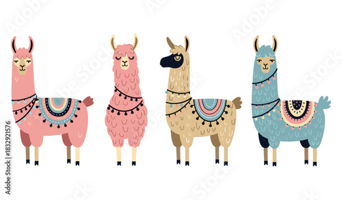 Colorful illustrated llama characters with decorative blankets in various styles