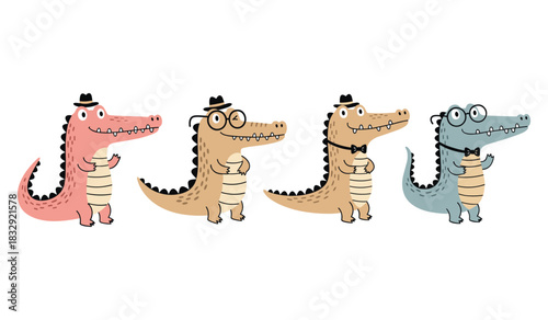 Cartoon crocodiles in hats and glasses