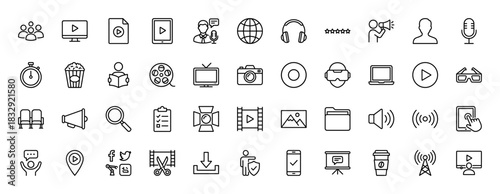 Multimedia and entertainment line icon set, vector pictograms of video player, camera, 3d glasses, headphones, and social media, thin linear illustration.