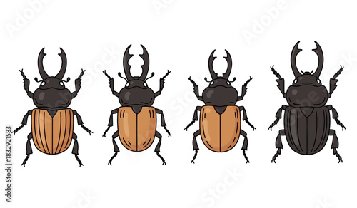 Illustration of four stag beetles with distinctive antlers