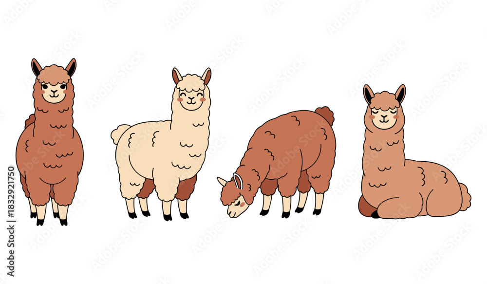 Fototapeta premium Colorful cartoon llamas in various poses on white background