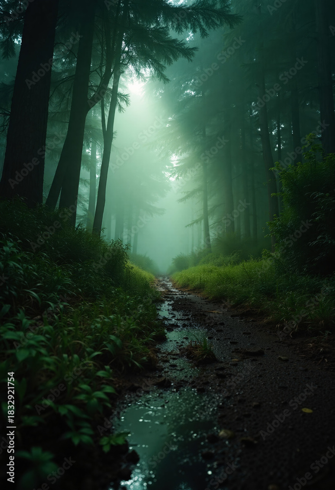 Obraz premium a dark and eerie scene of a dense forest. The trees are tall and slender, with their trunks reaching up towards the sky. The leaves of the trees are a mix of green and brown,