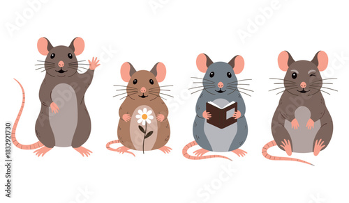Cute cartoon mice characters with flower and book on white background