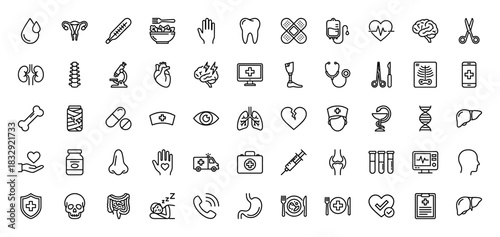 Medical healthcare line icon set. Vector pictograms of stethoscope, heart, brain, syringe, and capsule, thin linear illustration.