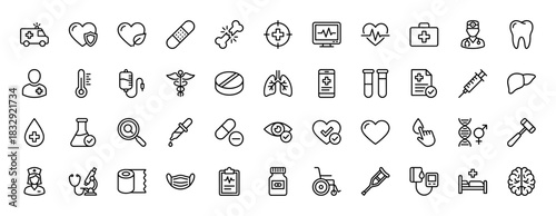 Medical healthcare line icon set. Vector pictograms of ambulance, syringe, microscope, lungs, thermometer, tooth, pills, wheelchair, bandage, thin linear illustration.