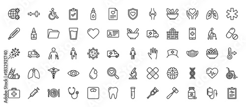 Medical healthcare line icon set. Vector pictograms of heart, lungs, hospital, ambulance, pills, and doctor, thin linear illustration.