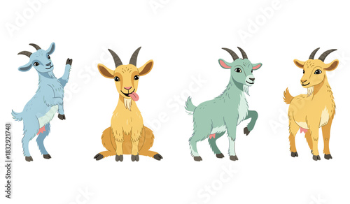 Cute cartoon goats with different expressions and colors on white background