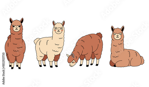 Colorful cartoon llamas in various poses on white background