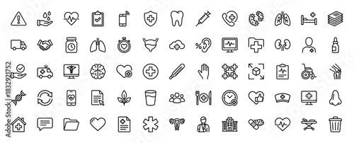 Medical and healthcare line icon set. Vector pictograms of syringe, heart, hospital, ambulance, and brain, thin linear illustration.