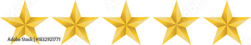 Five shiny golden stars arranged horizontally on a white background, representing a perfect rating or decorative element.