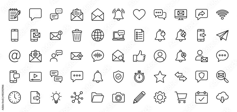 Fototapeta premium Digital communication line icon set. Vector pictograms of envelope, speech bubble, notification bell, smartphone, and network symbols, thin linear illustration.