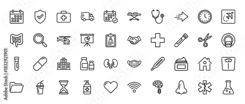 Medical and healthcare line icon set. Vector pictograms of stethoscope, ambulance, hospital, pills, and calendar, thin linear illustration.