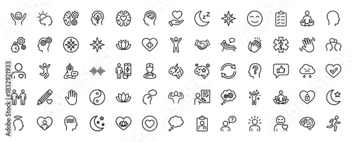 Mental health and wellness line icon set. Vector pictograms of brain, meditation, heart, sleep, and happiness, thin linear illustration.