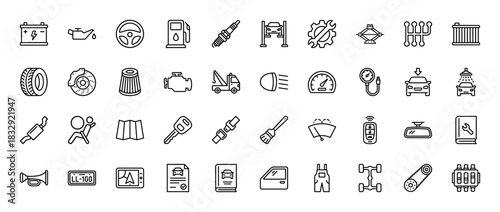 Automotive services line icon set. Vector pictograms of car parts, maintenance tools, and vehicle components, thin linear illustration.