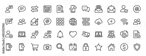 Social media and communication line icon set. Vector pictograms of document, message, users, mail, cloud, and shopping cart, thin linear illustration.