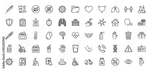 Medical and healthcare line icon set. Vector pictograms of a syringe, lungs, heart, thermometer, cream, and mask, thin linear illustration.