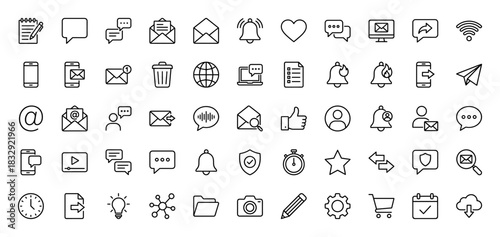 Digital communication line icon set. Vector pictograms of envelope, speech bubble, notification bell, smartphone, and network symbols, thin linear illustration.
