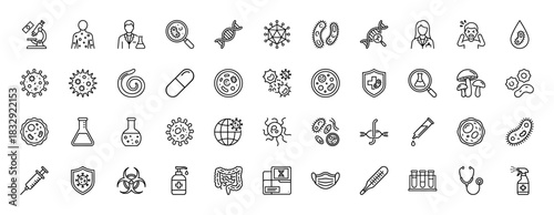 Medical microbiology line icon set. Vector pictograms of virus, bacteria, dna, syringe, and flask, thin linear illustration.