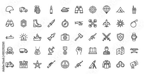 Military and army line icon set. Vector pictograms of tank, rifle, helicopter, grenade, and helmet, thin linear illustration.