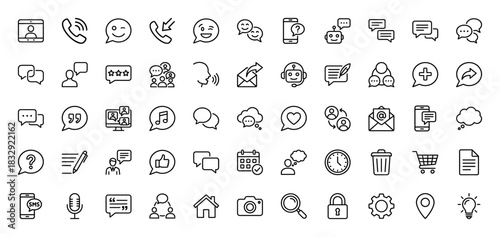 Communication line icon set. Vector pictograms of chat bubbles, phone calls, email, and social media, thin linear illustration.
