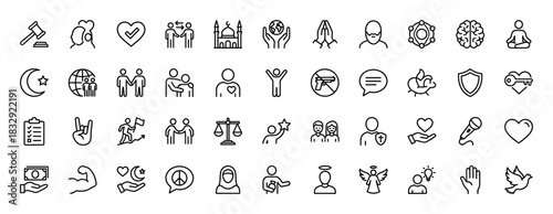Human rights and social justice line icon set. Vector pictograms of prayer, donation, heart, scales, and diversity, thin linear illustration.