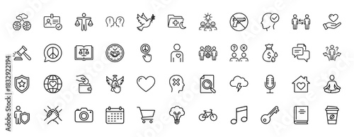 Social issues and human rights line icon set. Vector pictograms of peace, justice, health, and development, thin linear illustration.