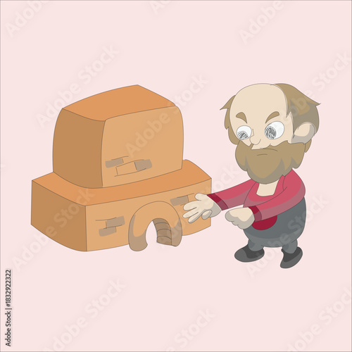 Vector illustration of a old man standing next to a hot stone furnace or oven used for smelting or forging. Isolated on a light background