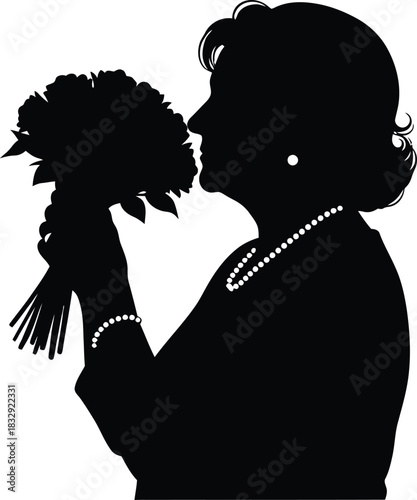 Elegant Woman Silhouette Smelling Flowers Profile with Pearls Vector