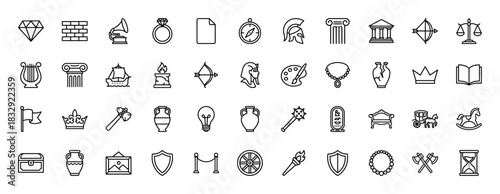 History and antiquity line icon set. Vector pictograms of chariot, crown, amphora, shield, and scroll, thin linear illustration.