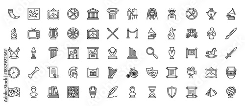 History and culture line icon set. Vector pictograms of museum exhibits, columns, artifacts, and antiques, thin linear illustration.