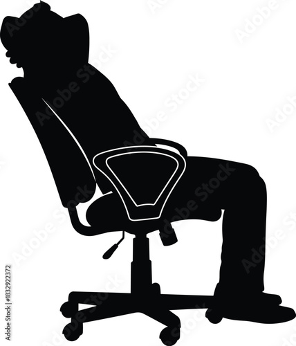 Black silhouette of person relaxing back in ergonomic office chair, hands behind head, taking a break